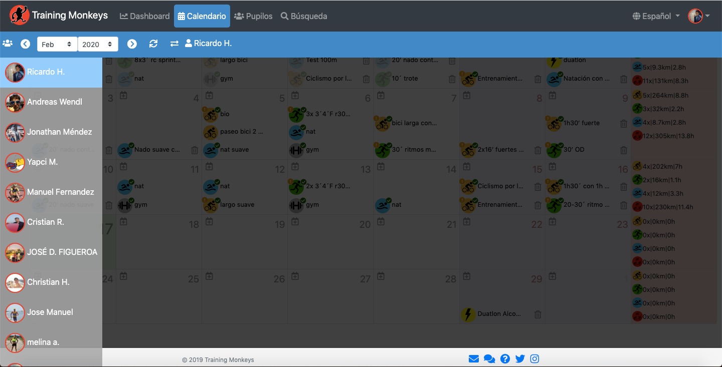 Vista web del calendario de un entrenador